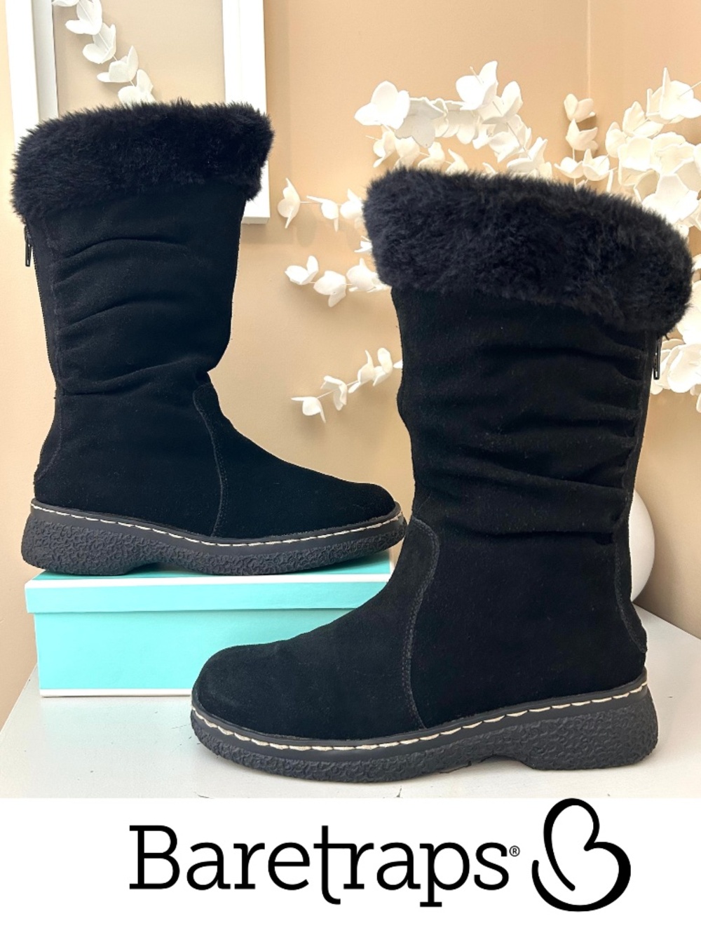BareTraps Suede and Faux Fur Mid Calf Winter Boot Black Size 7 Like New